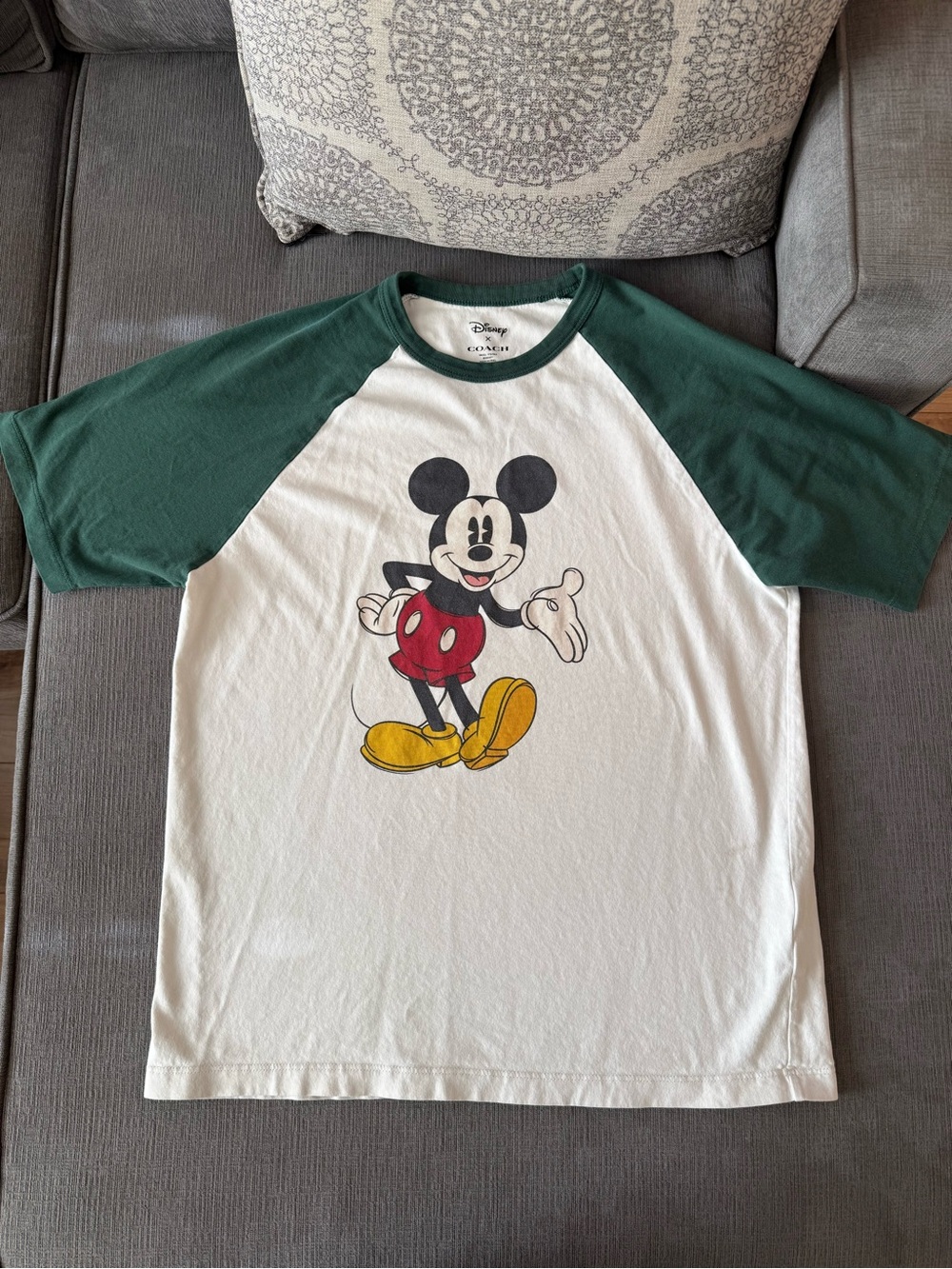 Coach White Raglan Tee with Green Sleeves and Mickey Graphic